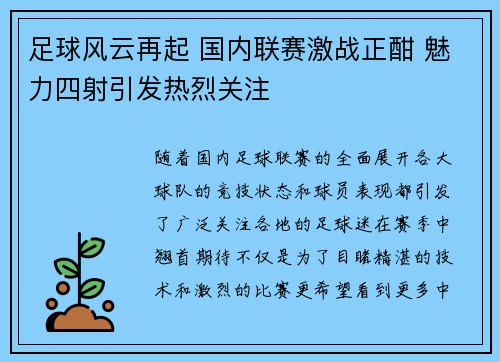 足球风云再起 国内联赛激战正酣 魅力四射引发热烈关注