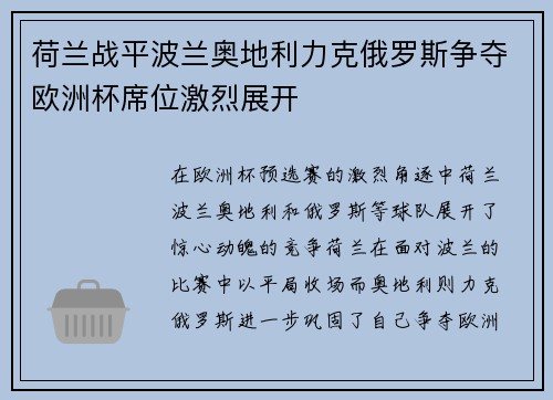 荷兰战平波兰奥地利力克俄罗斯争夺欧洲杯席位激烈展开