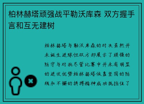 柏林赫塔顽强战平勒沃库森 双方握手言和互无建树