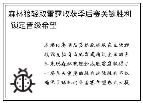 森林狼轻取雷霆收获季后赛关键胜利 锁定晋级希望